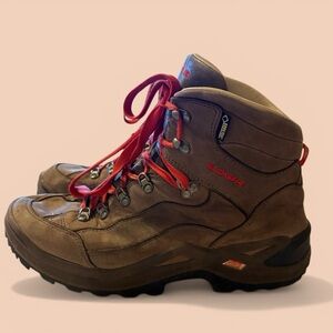 Lowa Brown Leather Hiking Boots with Red Laces